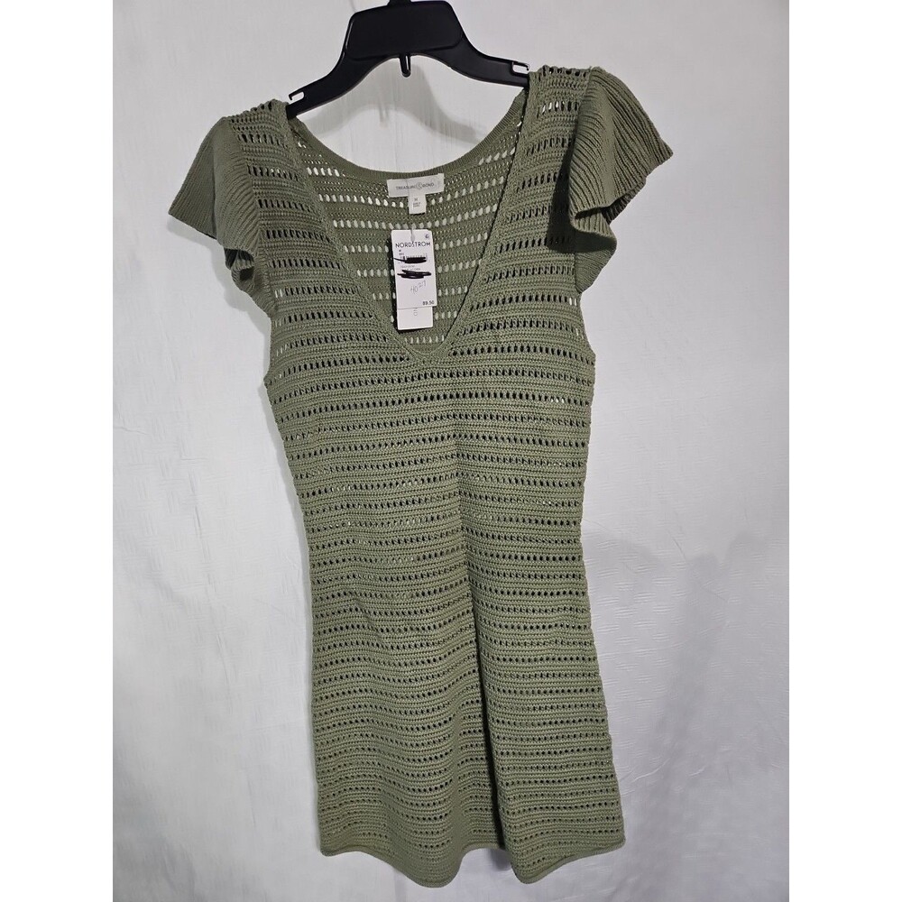 Treasure & Bond Flutter Sleeve Crochet Sweater Dress Sz M Green